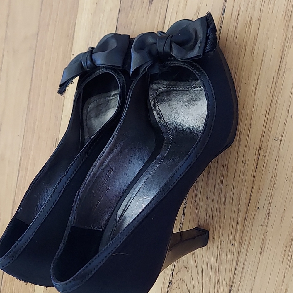 Coach Black Satin Bow Peep-Toe Heels